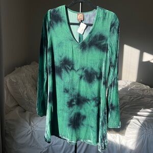 Planet Blue Green Velvet Boho Tie Dye Bell Sleeve Dress - Size S